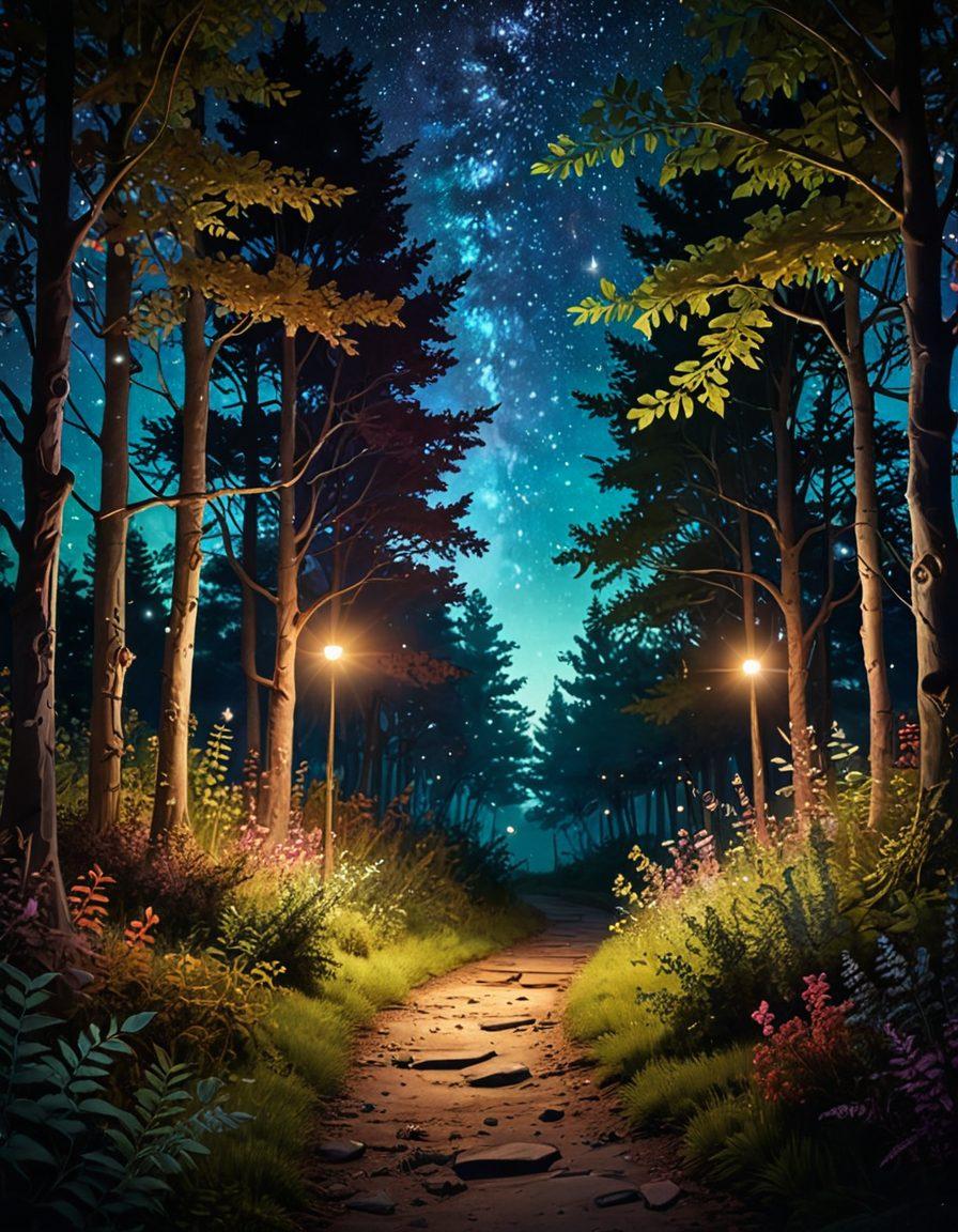 A whimsical forest path illuminated by glowing hearts, leading to two silhouettes embracing under a starry sky. Include elements of adventure like a compass and playful animals peeking through the trees. The atmosphere should feel enchanting and romantic, symbolizing meaningful love connections. vibrant colors. dreamlike atmosphere. soft focus.