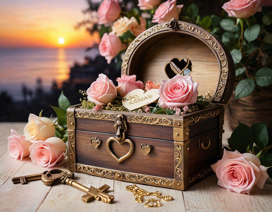 A heart-shaped key unlocking a vibrant treasure chest overflowing with blooming roses and glowing love letters, symbolizing the journey of love and romance. Soft pastel colors blend together to create a dreamy atmosphere, with subtle sparkles depicting passion and connection. The background features a warm sunset, enhancing the romantic vibe. whimsical and enchanting. pastel colors. dreamy atmosphere.