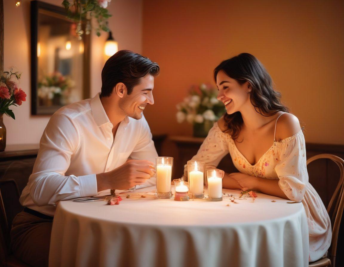 A romantic scene featuring a couple sharing a playful moment, surrounded by soft, warm lighting. The background includes a cozy cafe setting with candles and flowers, while they share dessert and laughter. Emphasize body language showcasing flirtation and connection. Include subtle heart shapes in the background for a whimsical touch. vibrant colors. soft focus.